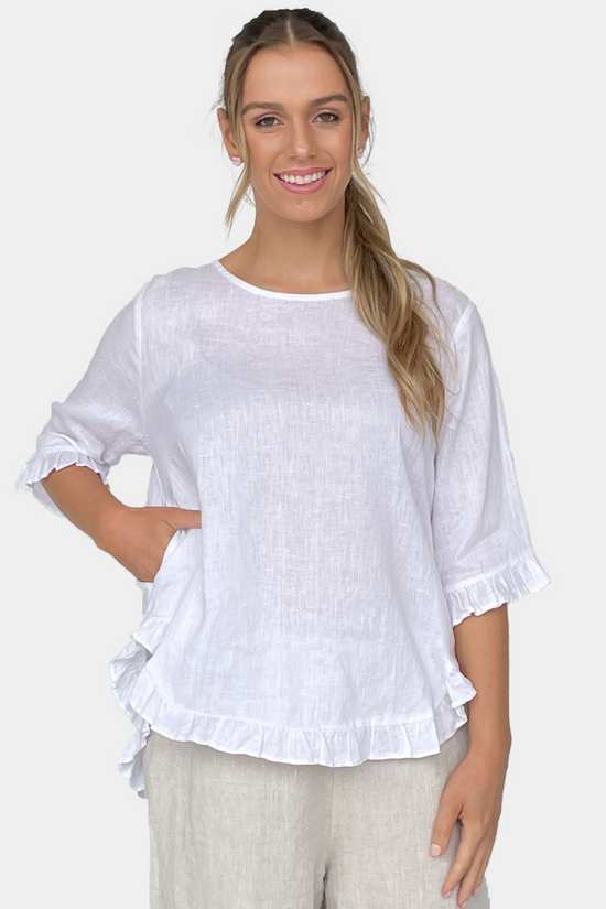 Load image into Gallery viewer, AMYIC 100% Linen Middle Sleeve Frill Shirt - White
