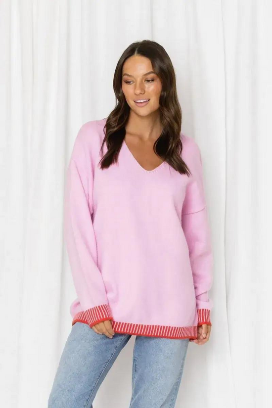 Alicia V-Neck Contrast Stitching Knit Jumper