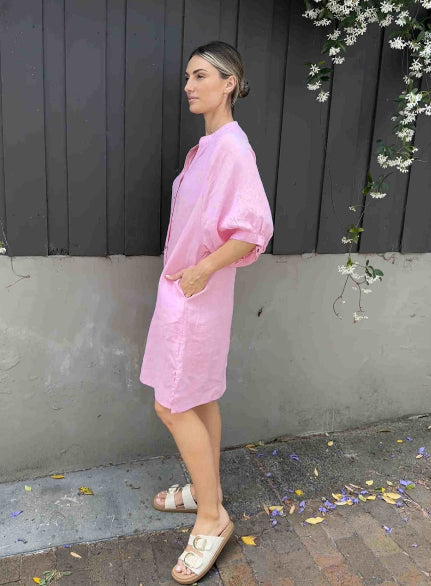 Annya Button through Linen Dress - Pink