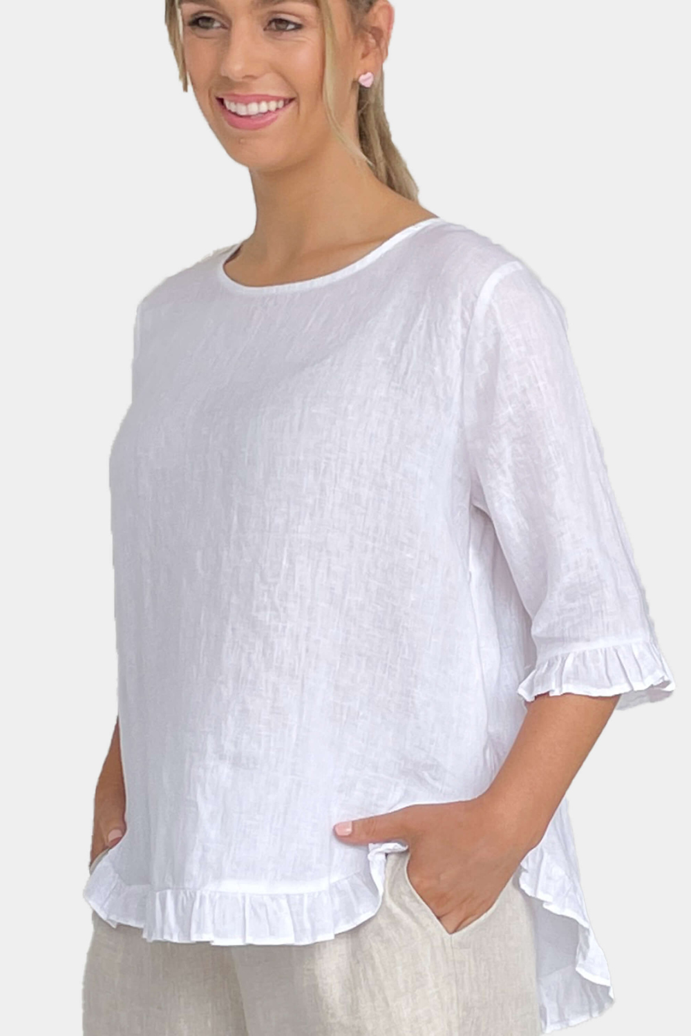 AMYIC 100% Linen Middle Sleeve Frill Shirt - White