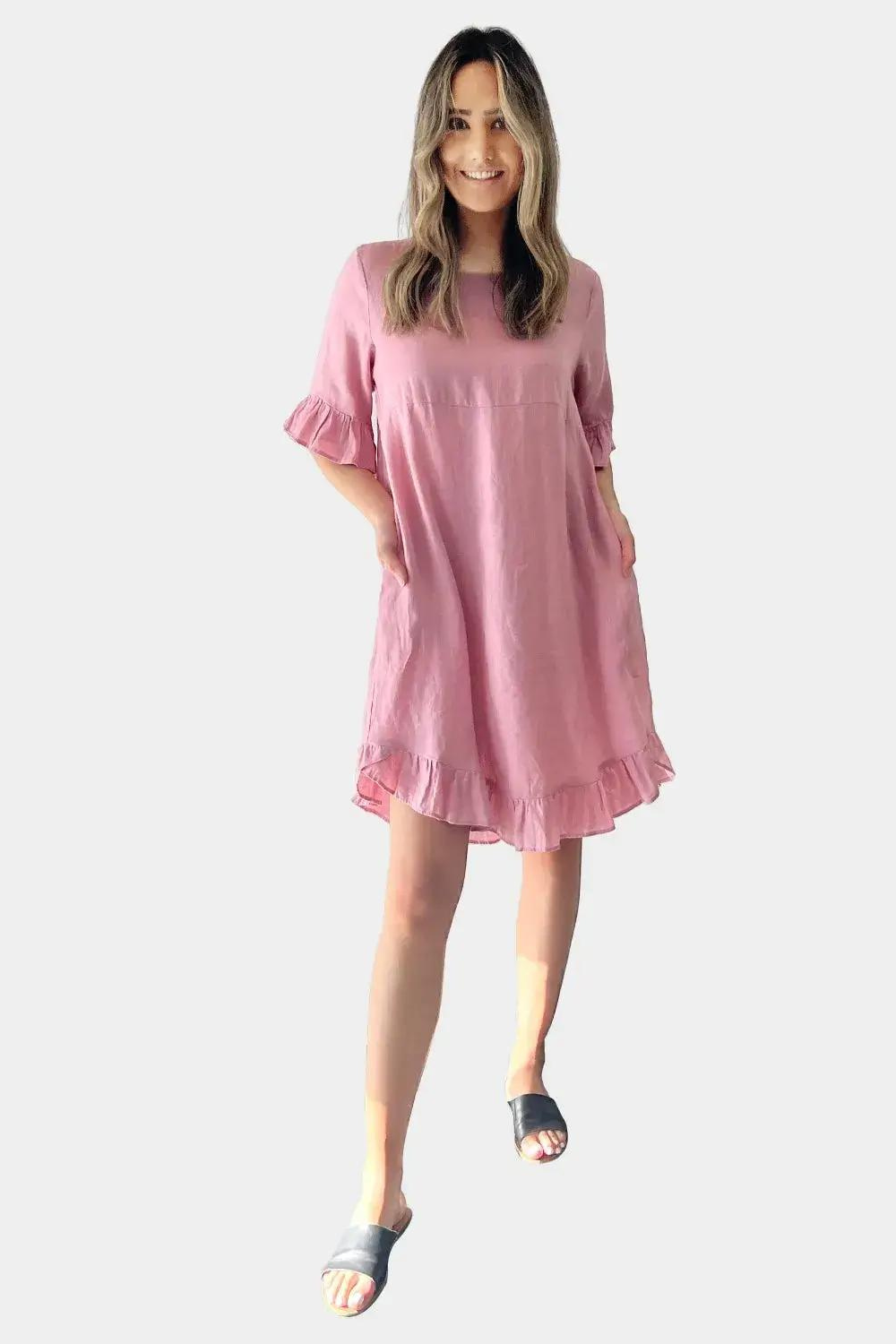 Amyic Side Pocket Linen Dress - Pink