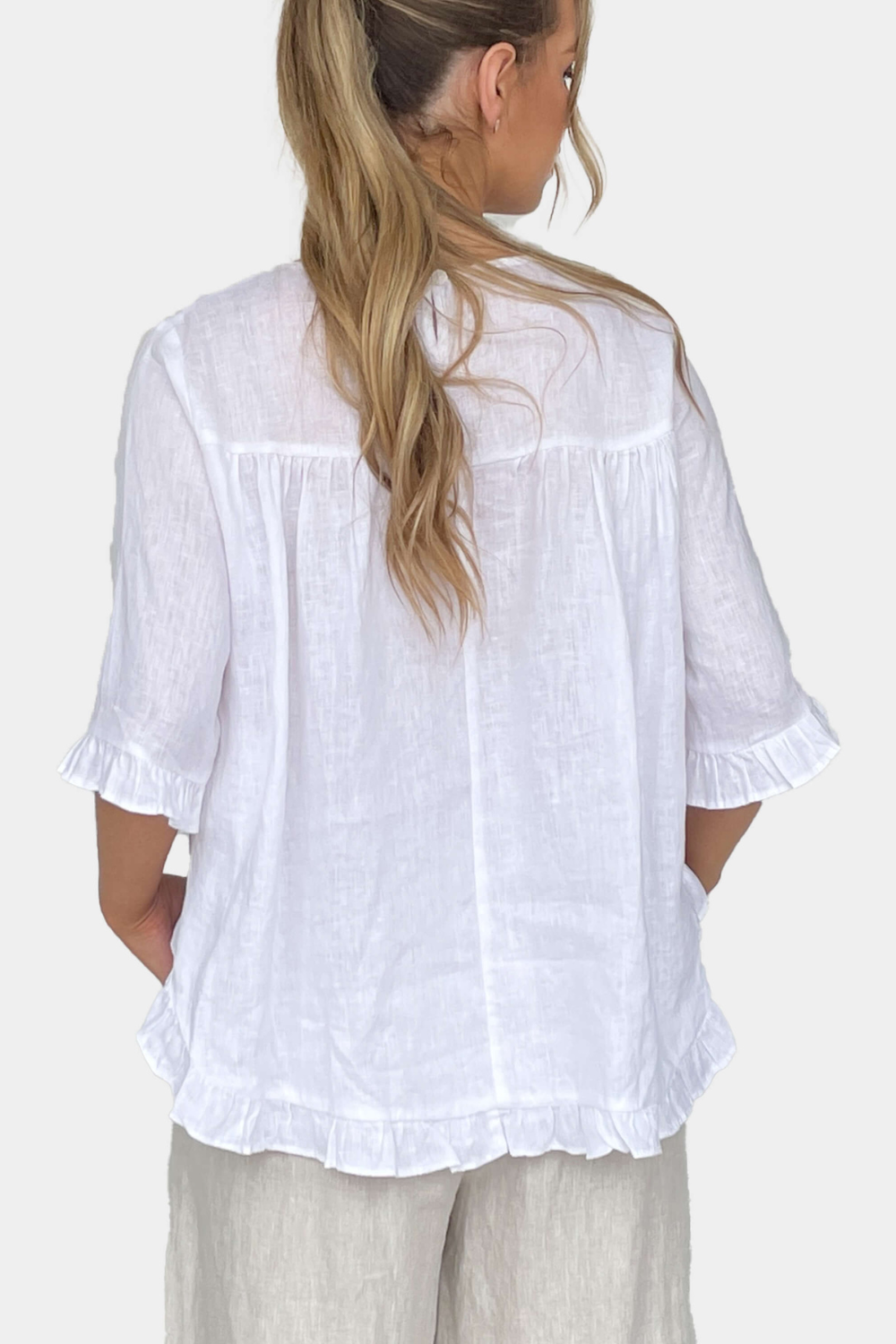 AMYIC 100% Linen Middle Sleeve Frill Shirt - White
