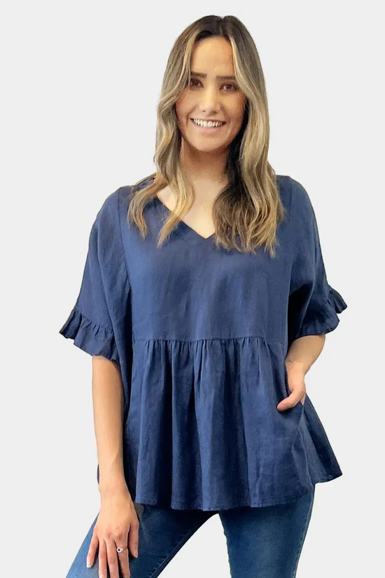 Load image into Gallery viewer, Amyic Side Pocket Linen Top - Navy
