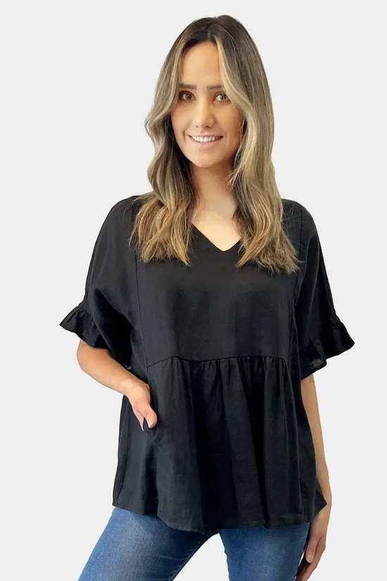 Load image into Gallery viewer, Amyic Side Pocket Linen Top - Black
