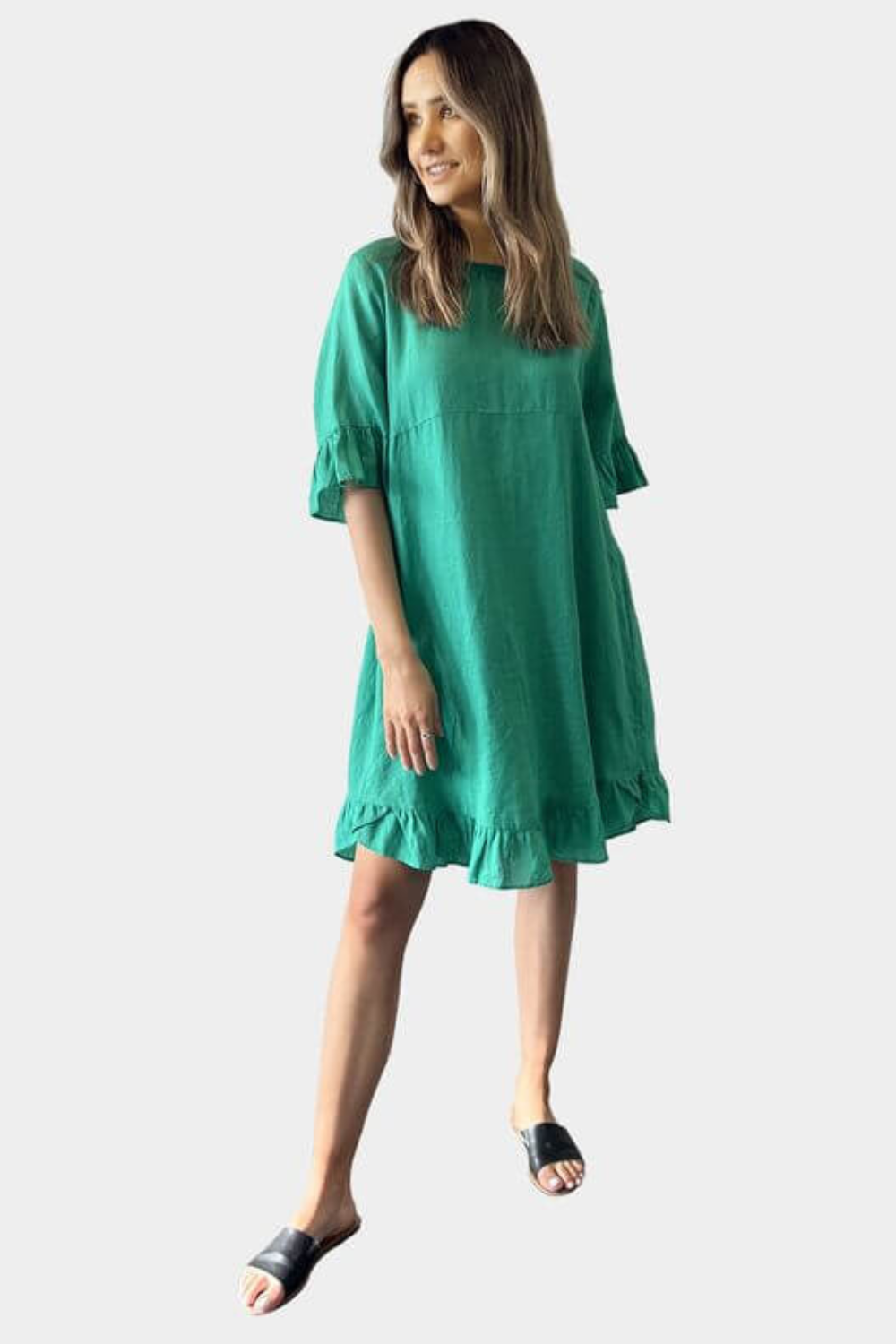 Load image into Gallery viewer, Amyic Side Pocket Linen Dress - Green
