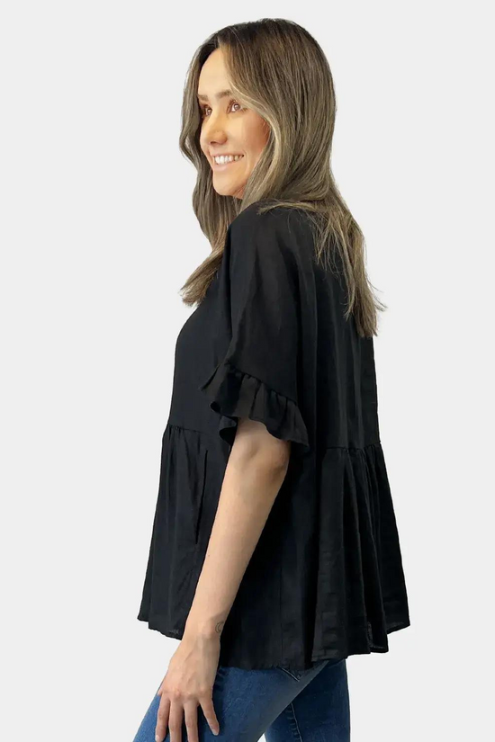 Load image into Gallery viewer, Amyic Side Pocket Linen Top - Black

