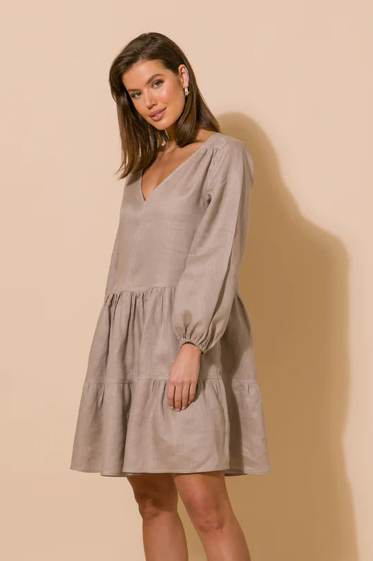 Monroe Contrast Stitch Linen Dress - Mocha